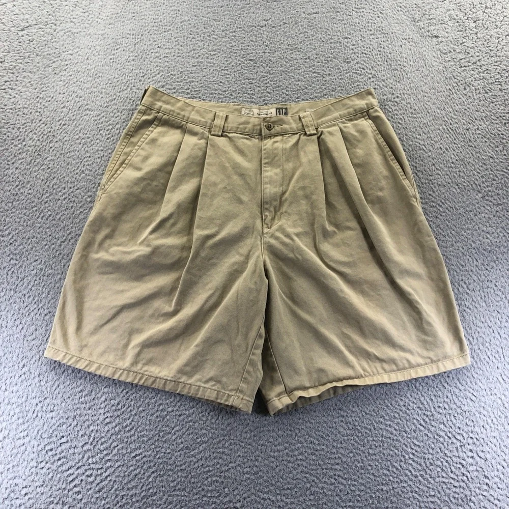 Vtg Gap Shorts Mens 34 Khaki Double Pleated Relaxed Baggy Fit 90 Chino Longer